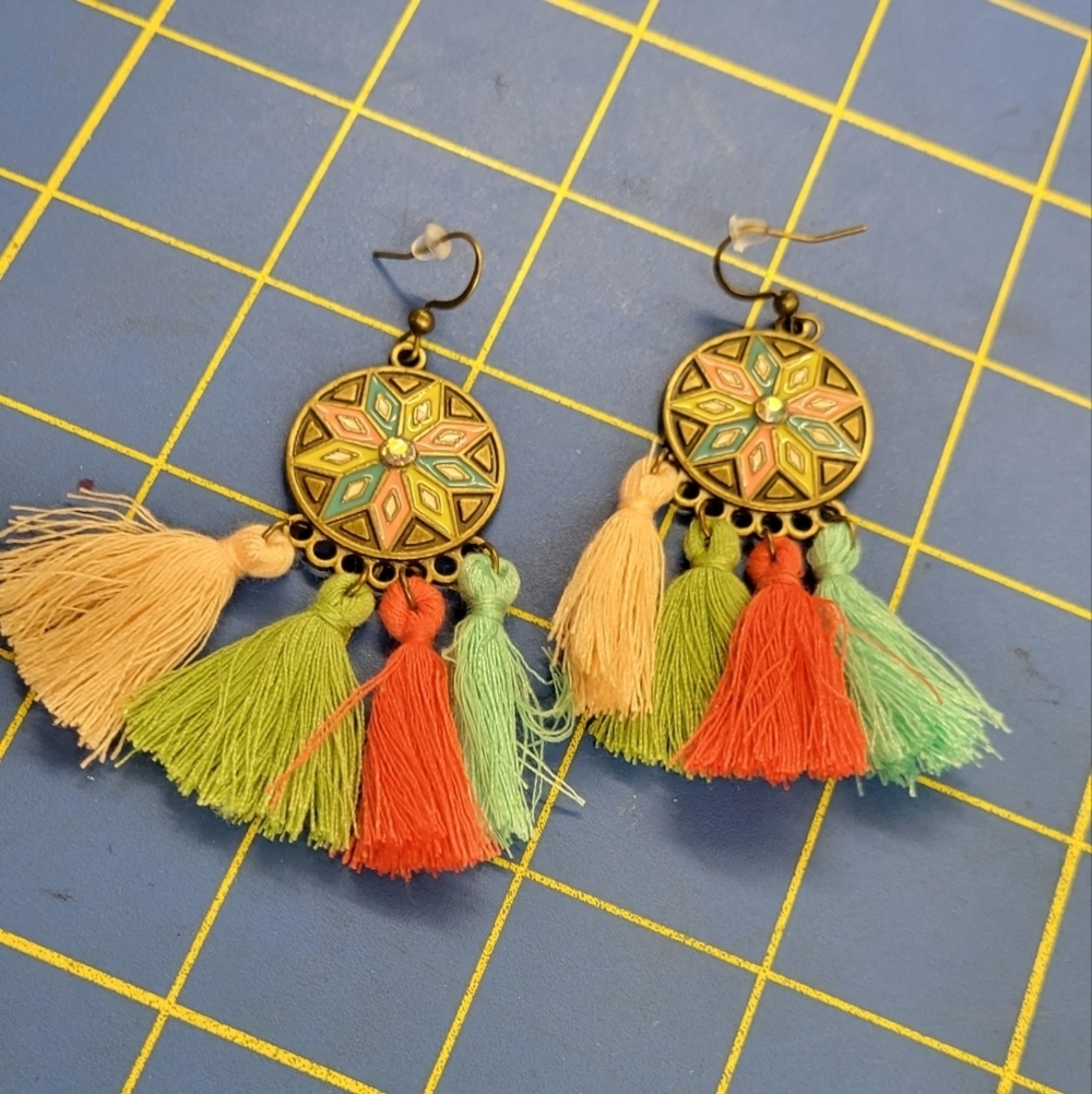 Bronze Metal Tassel Turquoise Accent Earrings